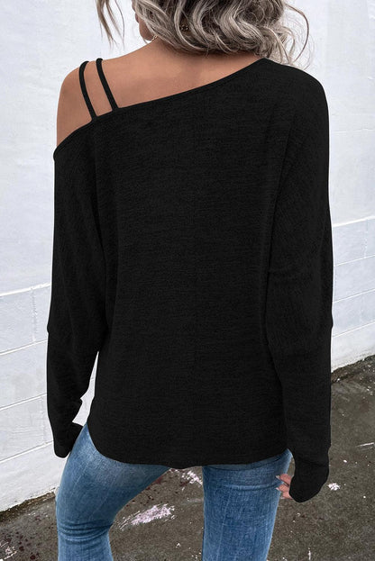 Black Asymmetric Strappy Cold Shoulder Long Sleeve Top - L & M Kee, LLC