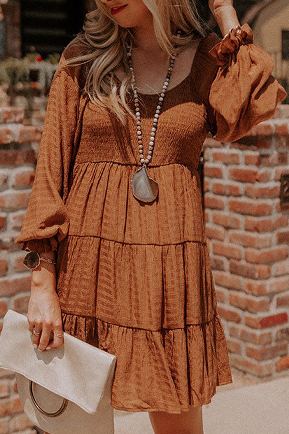 Brown Bishop Sleeve Smocked Tiered Mini Dress - L & M Kee, LLC