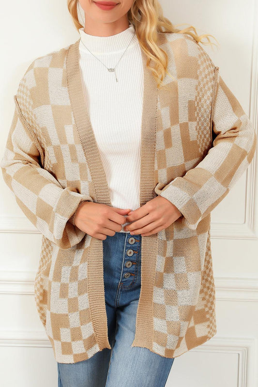 Khaki Mixed Checker Knit Drop Shoulder Cardigan - L & M Kee, LLC