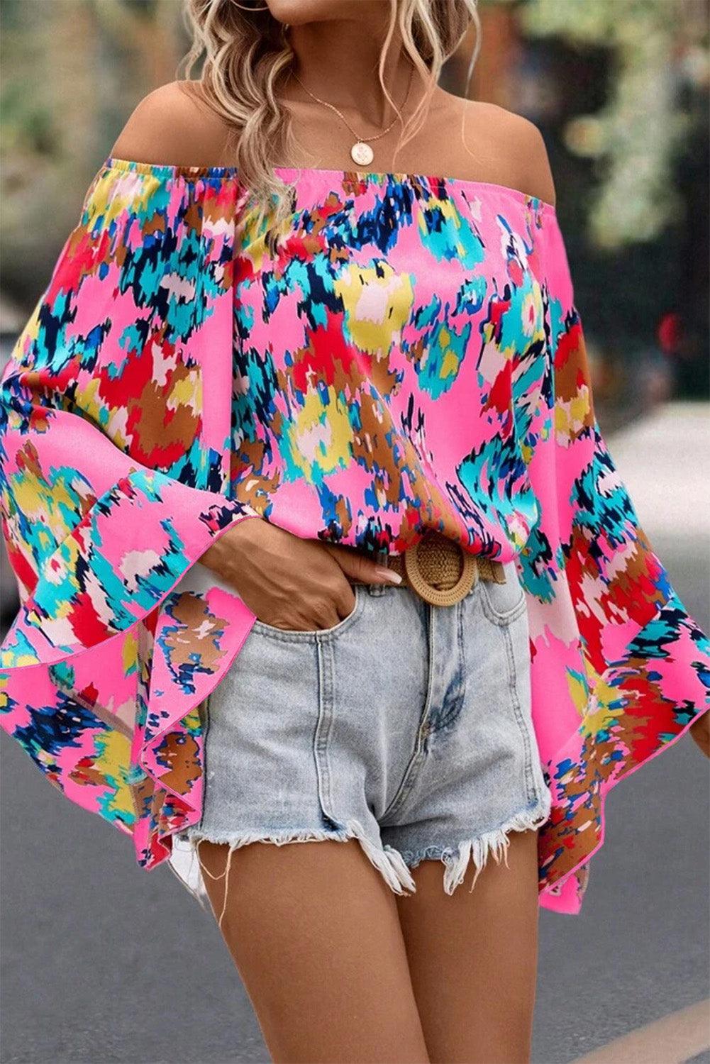 Rose Abstract Floral Print Off-shoulder Bell Sleeve Blouse - L & M Kee, LLC