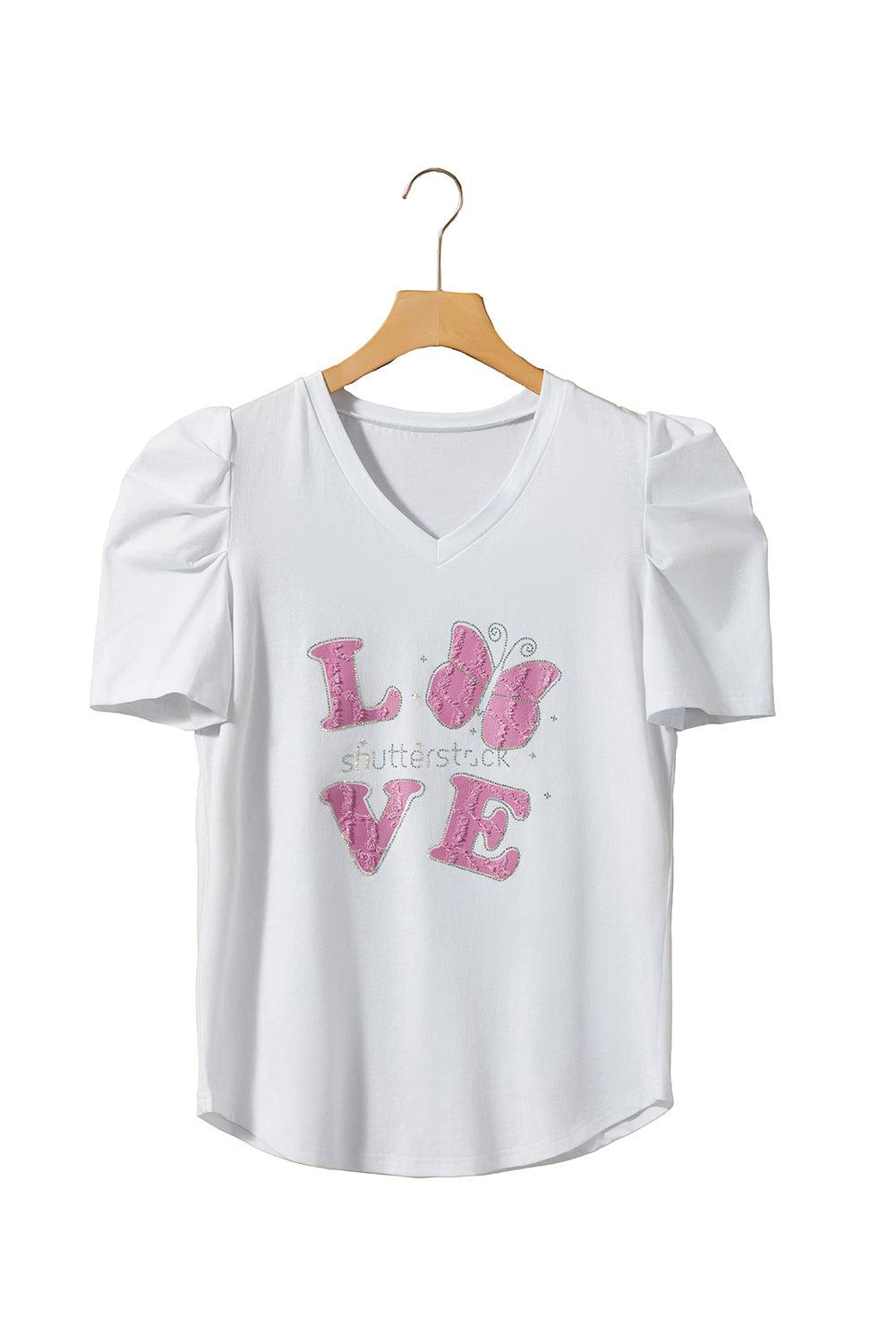 White LOVE Shutterstock Graphic Puff Sleeve V Neck Tee - L & M Kee, LLC