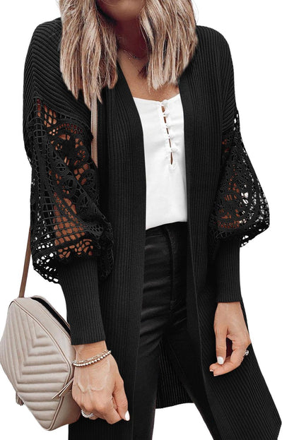 Black Crochet Lace Sleeve Ribbed Knit Cardigan - L & M Kee, LLC