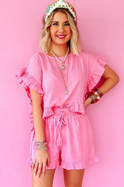 Pink Ruffled Hem Short Sleeve Elastic Drawstring Waist Pocketed Shorts Set - L & M Kee, LLC