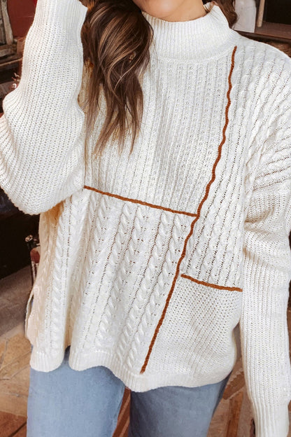 White Mix Texture Patchwork Contrast Stitch Mock Neck Sweater