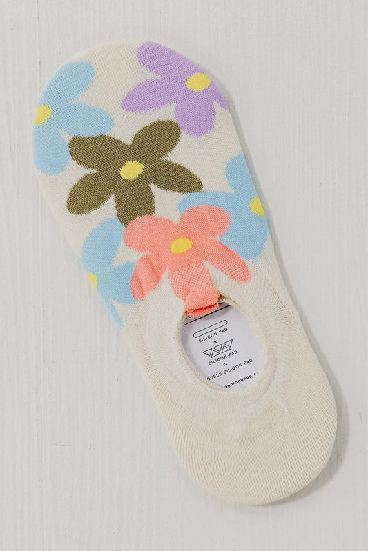 White Cute Floral Print No Show Socks - L & M Kee, LLC