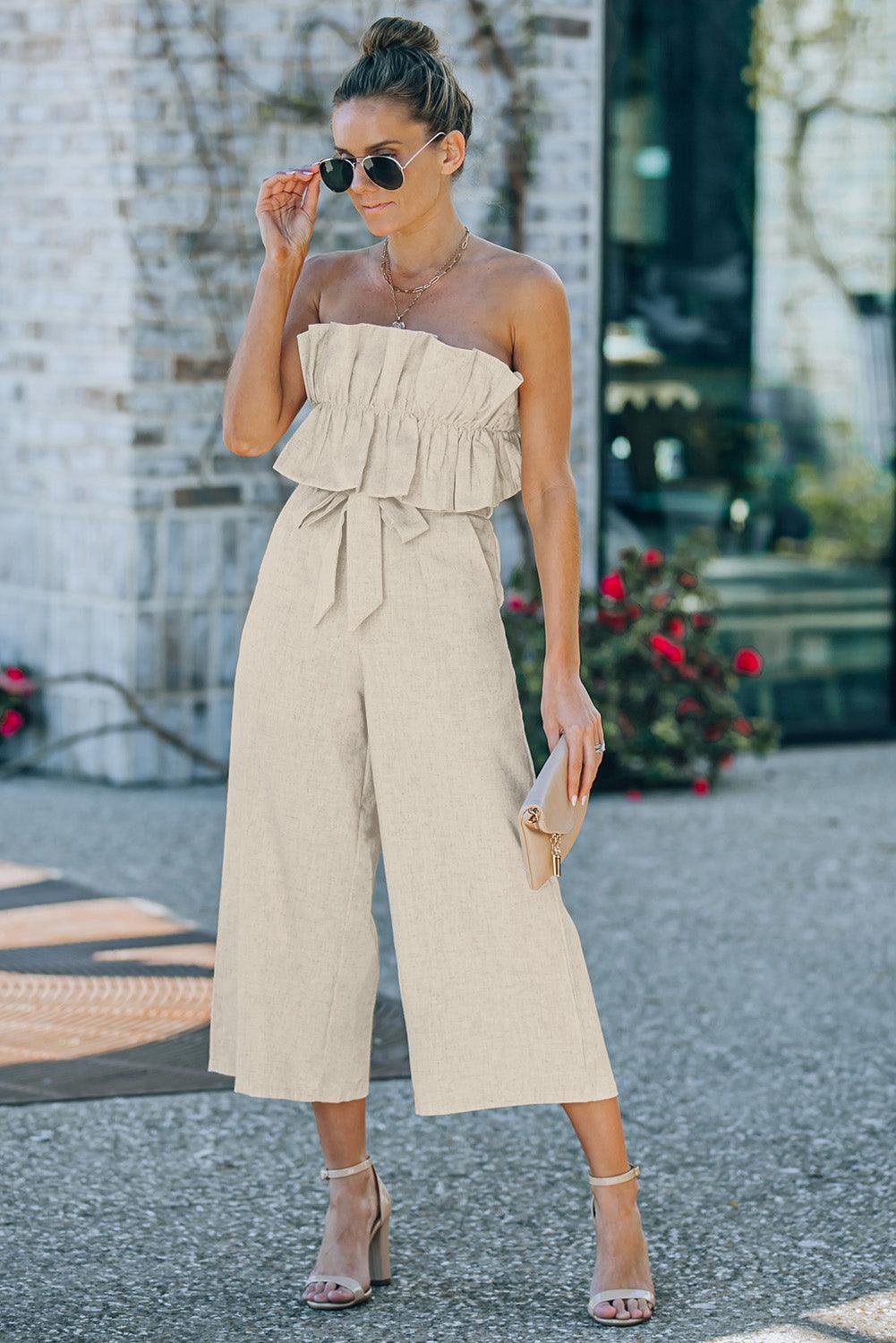 Beige Ruffled Strapless Wide Leg Jumpsuit - L & M Kee, LLC