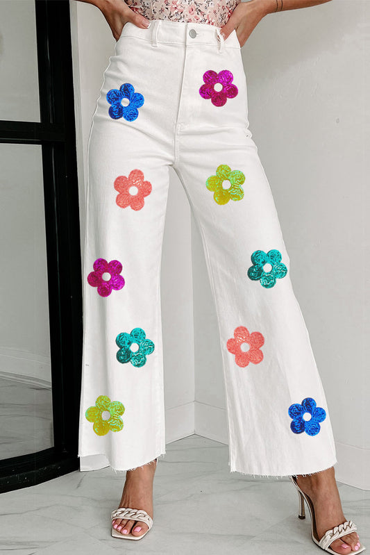 White High Rise Colorful Sequined Flower Flare Jeans