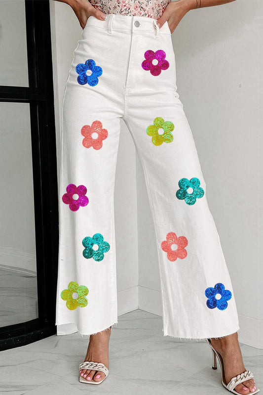 White High Rise Colorful Sequined Flower Flare Jeans - L & M Kee, LLC