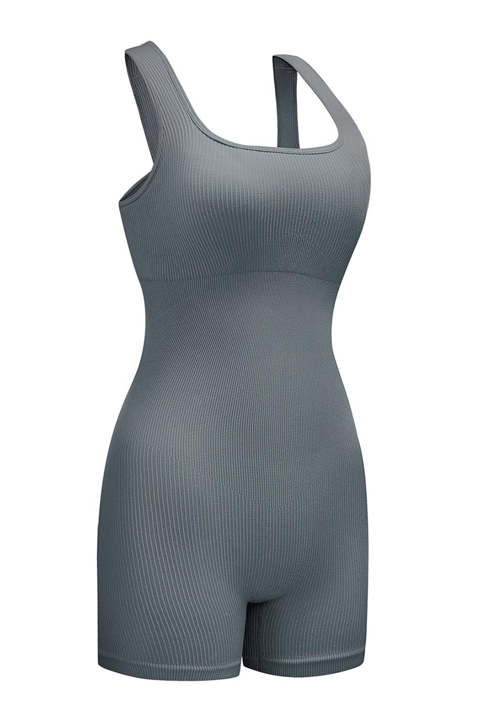 Gray Ribbed Square Neck Padded Sports Romper - L & M Kee, LLC