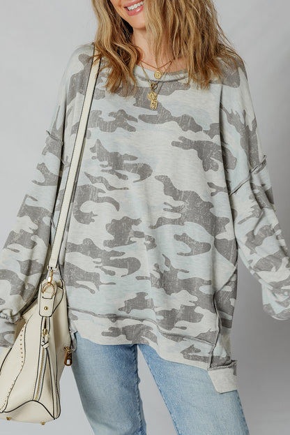 Brown Retro Camouflage Print Exposed Seam Patchwork Drop Shoulder Sweatshirt