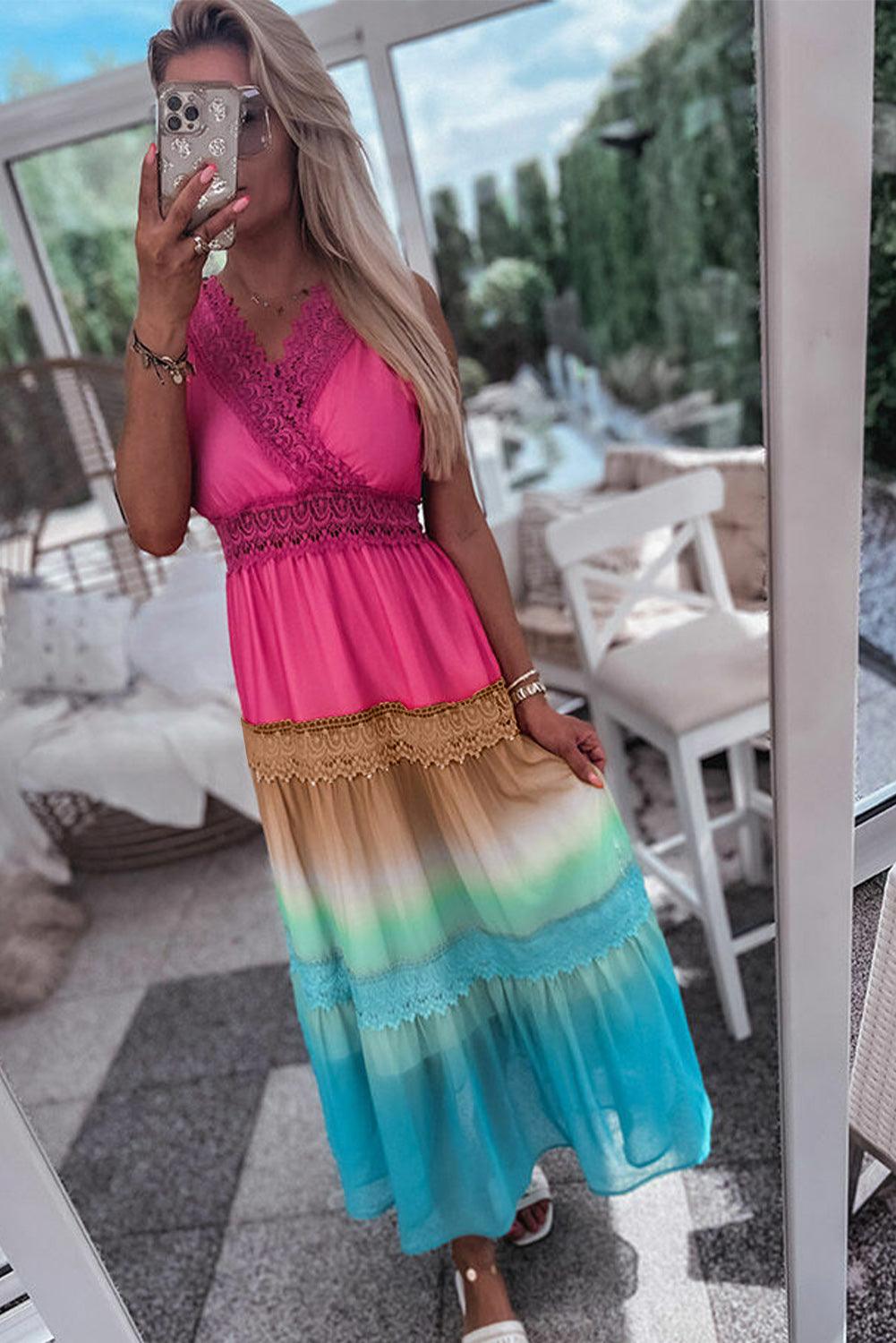 Multicolor Lace Stitching Gradient Rainbow Long Dress - L & M Kee, LLC