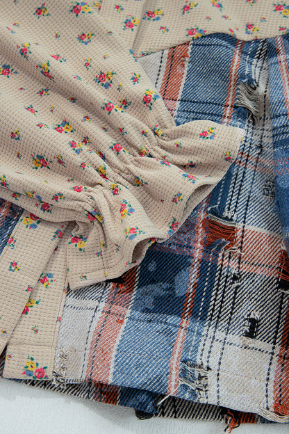 Mist Green Boho Floral Plaid Patchwork Distressed Detail Ruffled Sleeve Waffle Knit Shacket