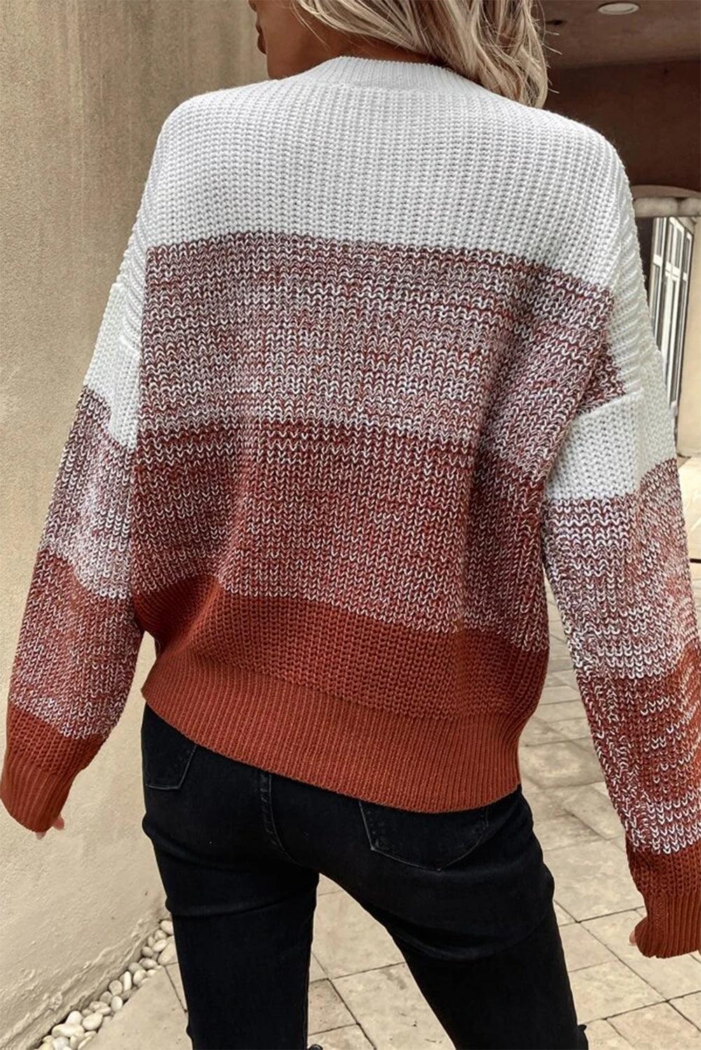 Brown Color Block Drop Shoulder Ribbed Trim Sweater - L & M Kee, LLC