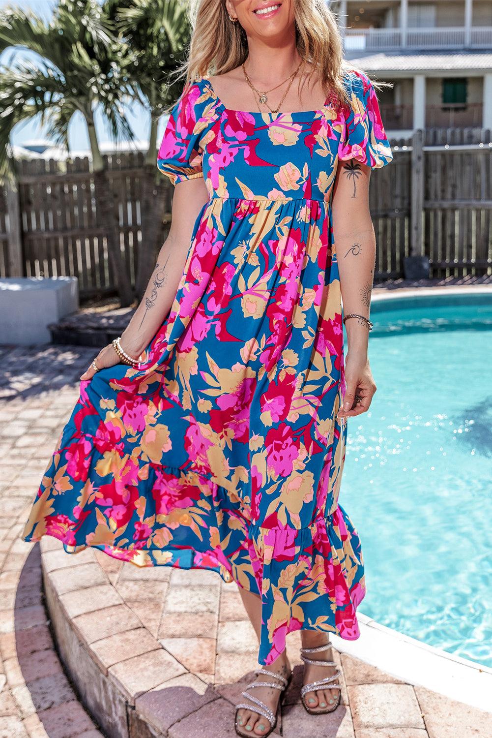 Dark Blue Square Neck Bubble Sleeve Ruffled Floral Dress - L & M Kee, LLC