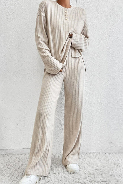 Beige Ribbed Drop Shoulder Henley Top Wide Leg Pants Set - L & M Kee, LLC