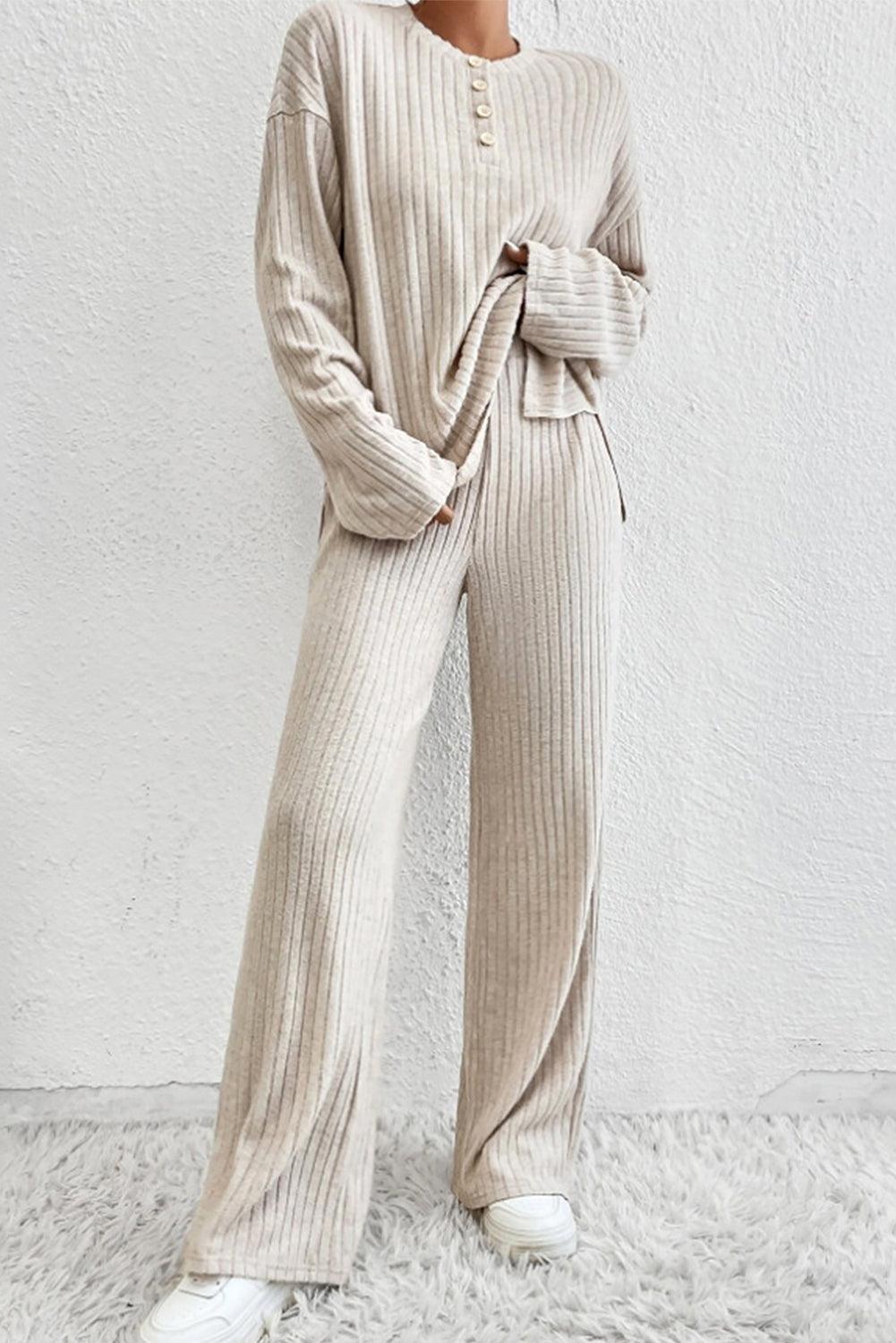 Khaki Ribbed Knit Bell Sleeve Crop Top Drawstring Pants Set - L & M Kee, LLC