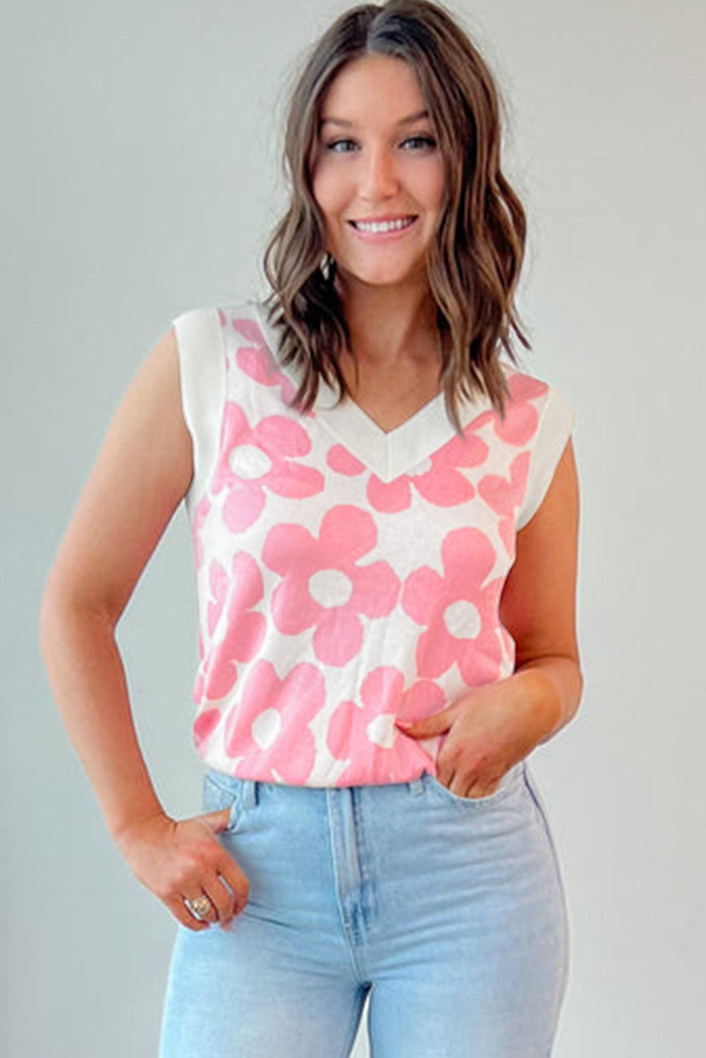 Pink Cute Flower Knitted V Neck Tank Top - L & M Kee, LLC