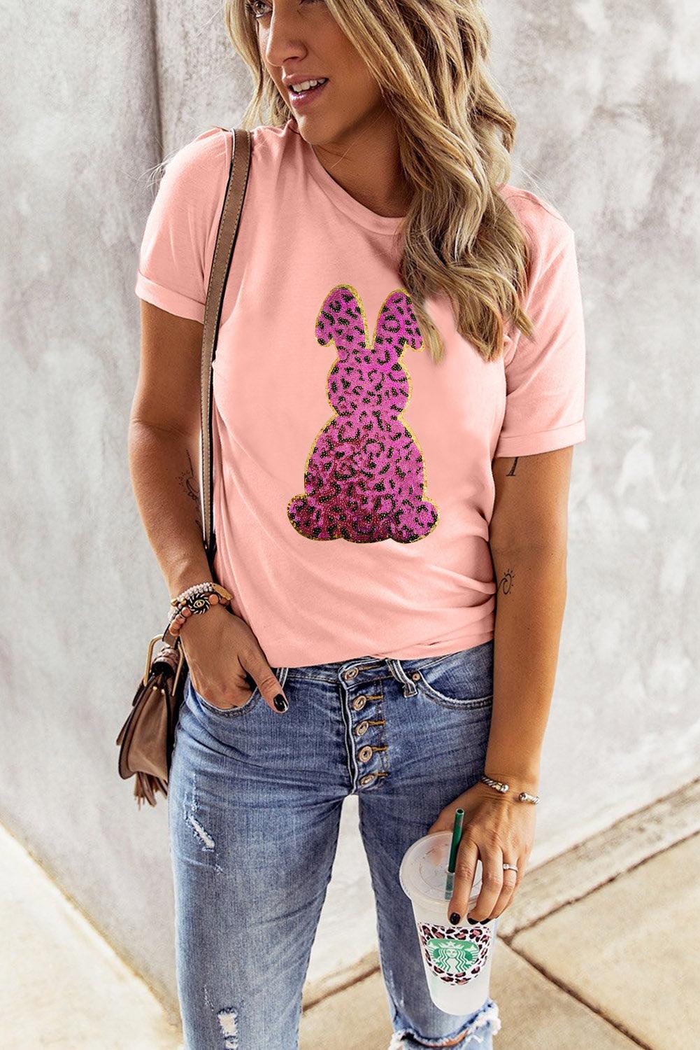 Pink Sequined Leopard Bunny Easter Graphic Tee - L & M Kee, LLC