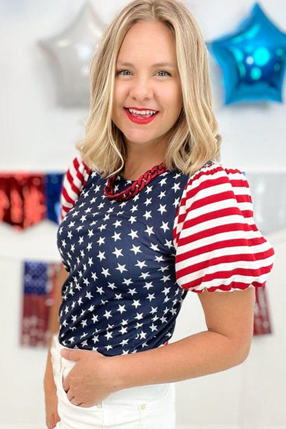 Navy Blue 4th Of July Stars Stripes Puff Sleeve T Shirt - L & M Kee, LLC