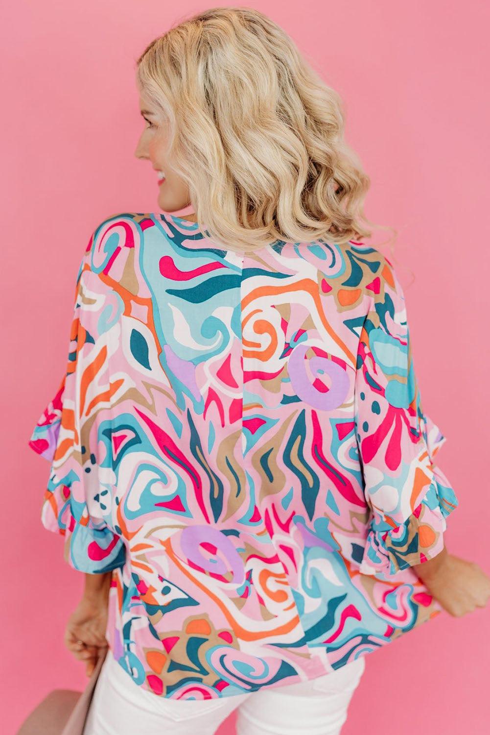 Abstract Print Ruffle V Neck Blouse - L & M Kee, LLC