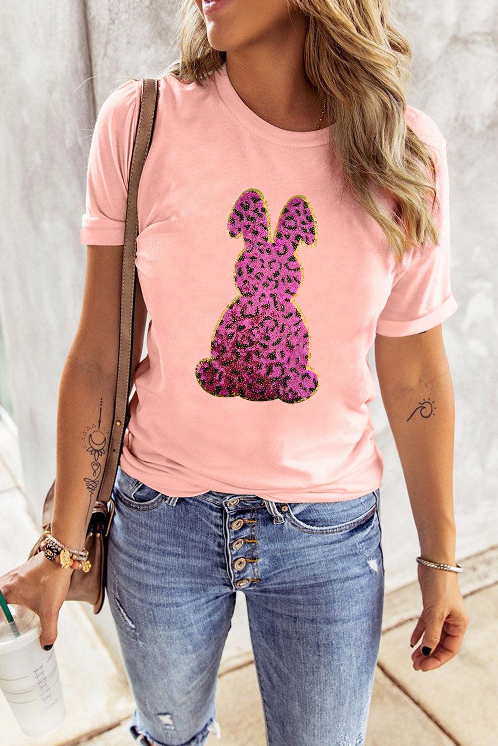 Pink Sequined Leopard Bunny Easter Graphic Tee - L & M Kee, LLC