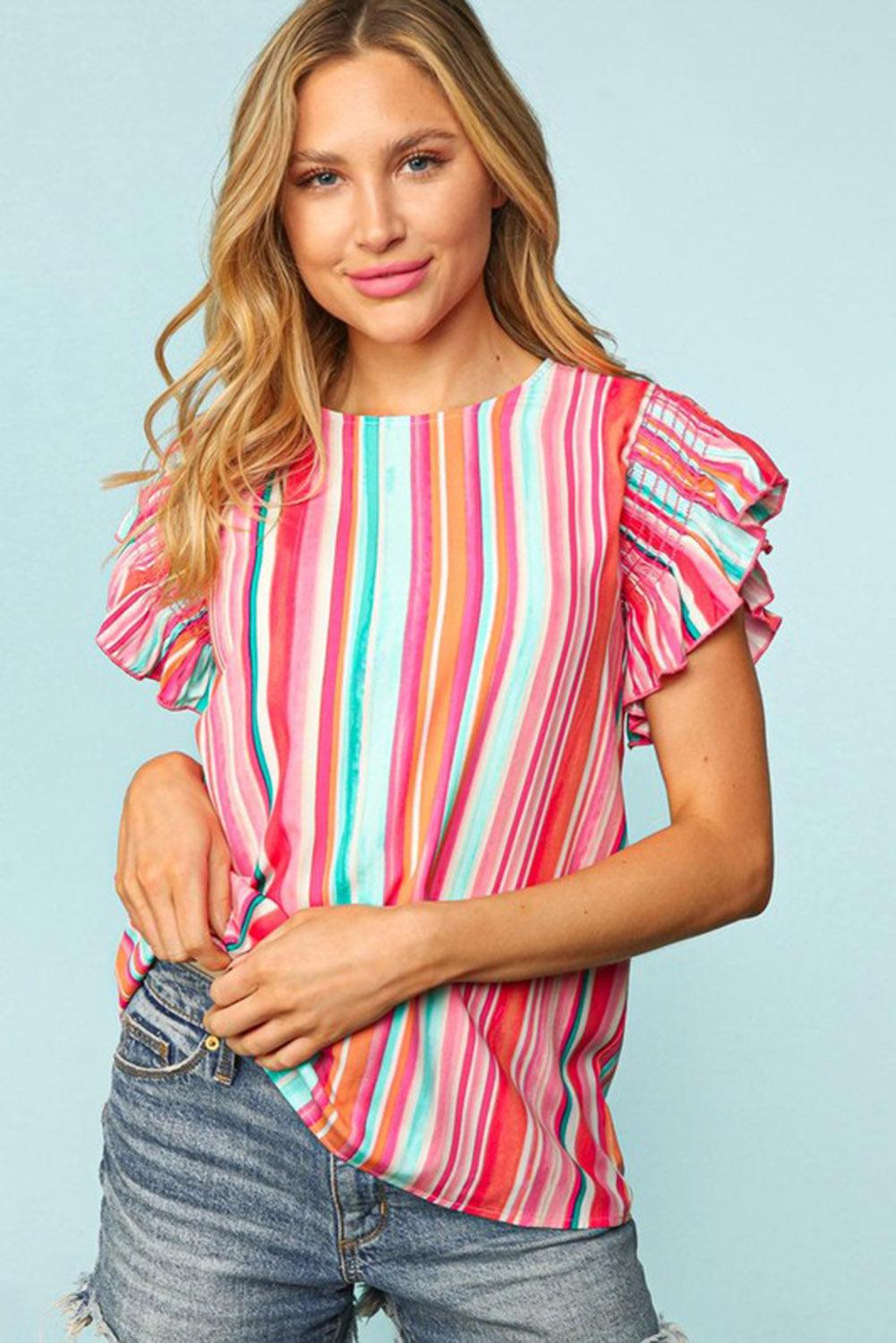 Multicolor Abstract Print Stitching Ruffle Sleeve Blouse - L & M Kee, LLC