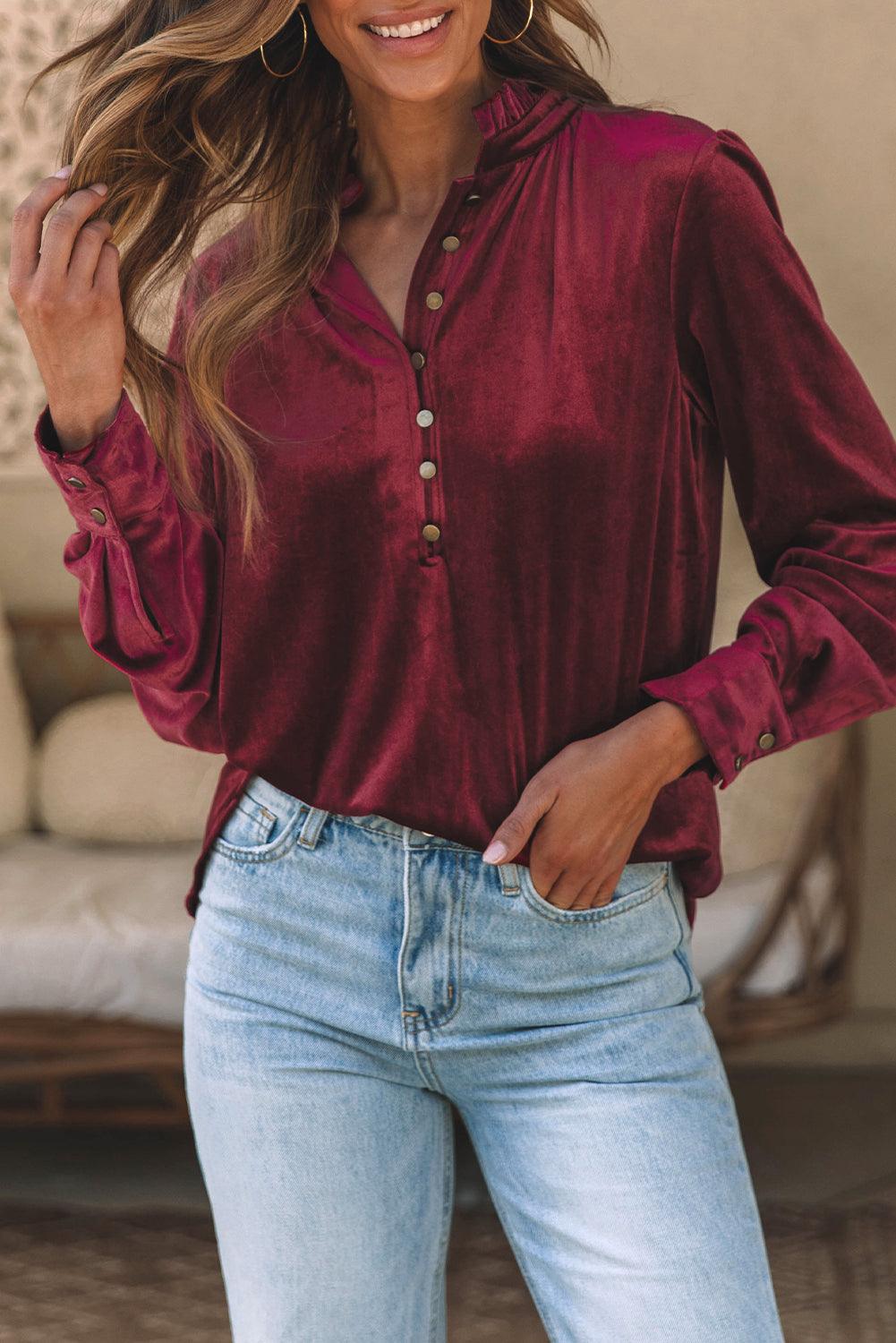 Burgundy Frilled Neck Buttoned Front Velvet Top - L & M Kee, LLC