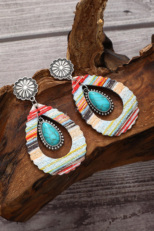 Red Hollowed Waterdrop Shape Leather Turquoise Earrings