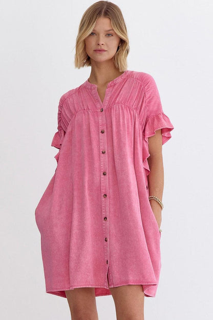 Pink Ruffled Short Sleeve Buttoned Denim Mini Dress - L & M Kee, LLC