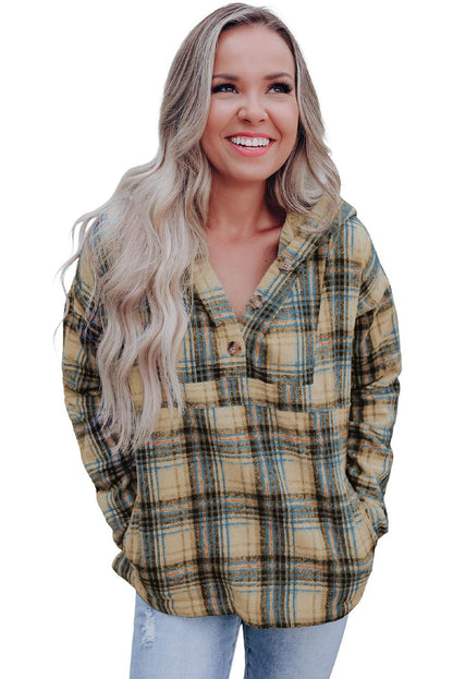 Khaki Plaid Button Neck Pocketed Pullover Hoodie - L & M Kee, LLC
