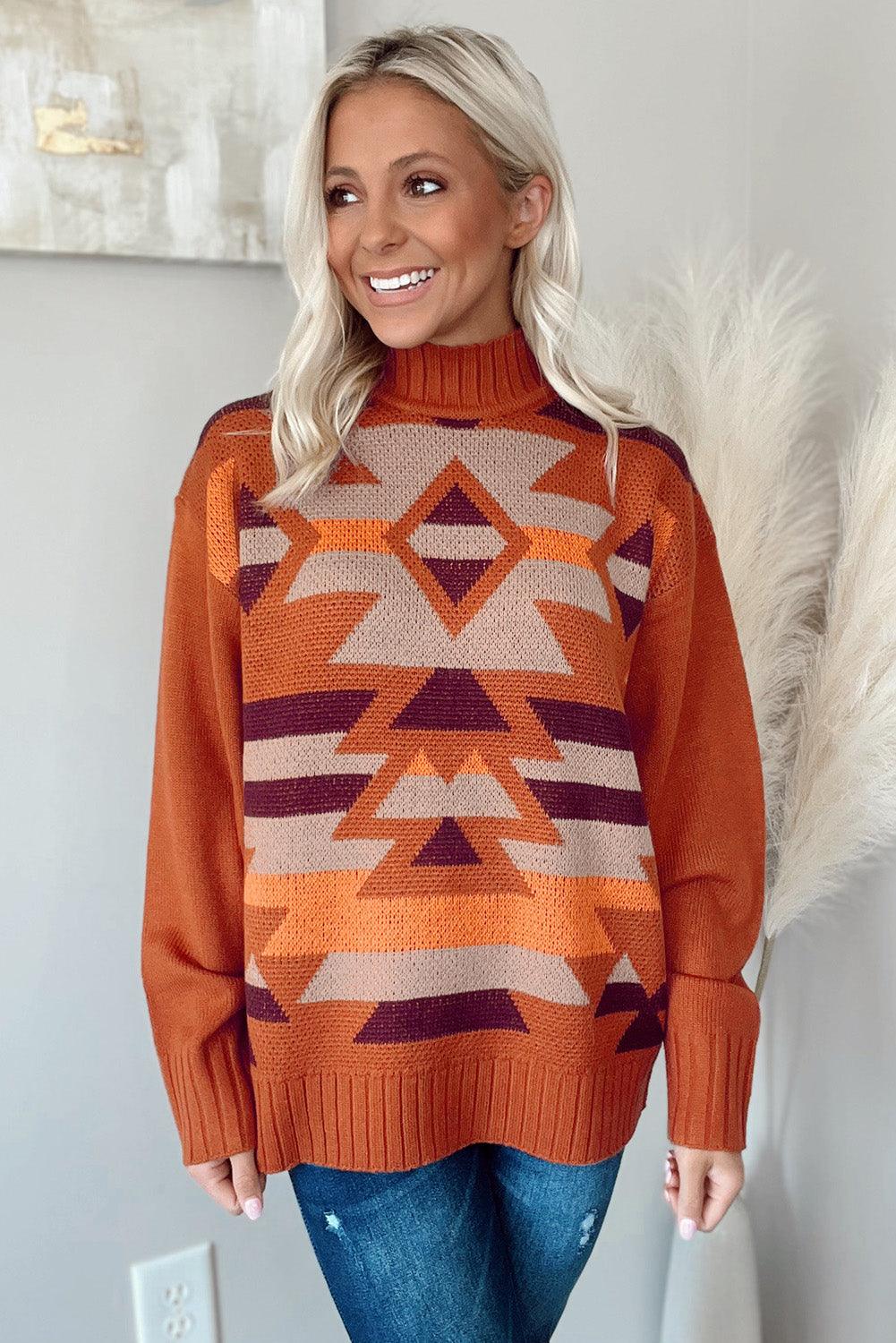 Brown Aztec Knitted High Neck Drop Shoulder Sweater - L & M Kee, LLC