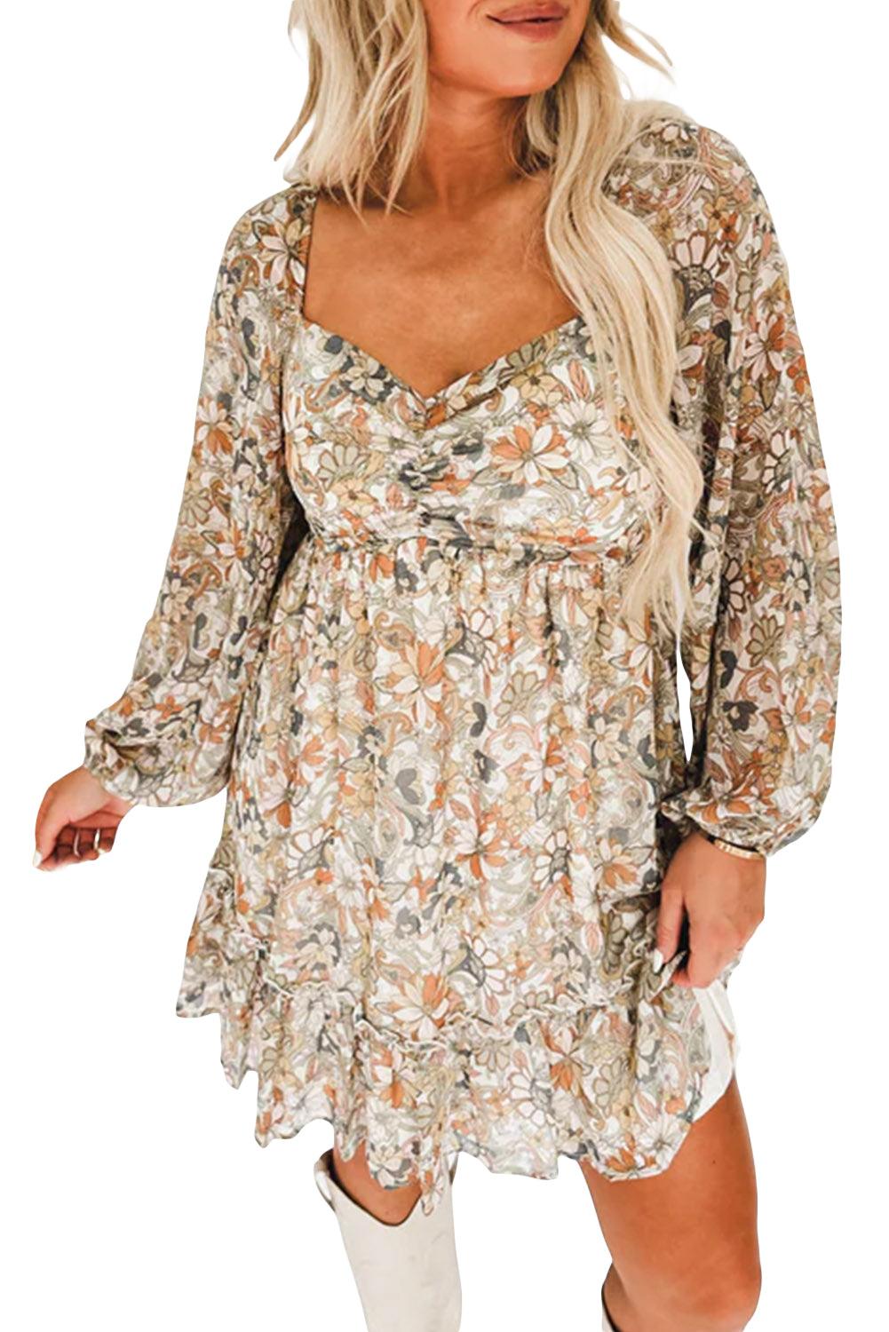 Floral Print Smocked Back Puff Sleeve Mini Dress - L & M Kee, LLC