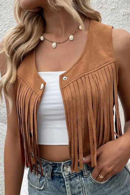 Camel Fringed Snap Button Front Suedette Vest - L & M Kee, LLC