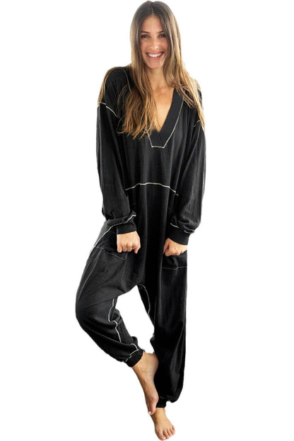 Black Flatlock Seam Detail V Neck Baggy Jumpsuit - L & M Kee, LLC