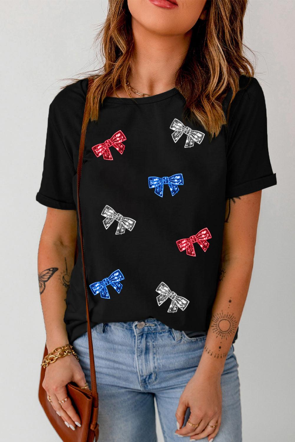 Black Independent Day Sequin Bow Graphic T Shirt