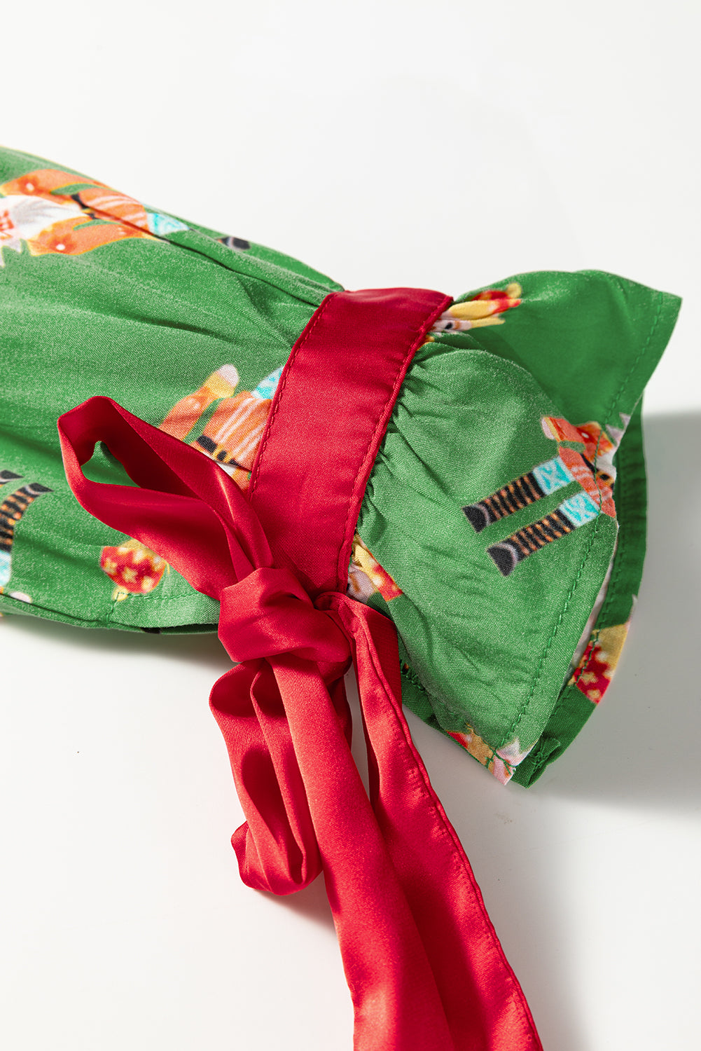 Green Christmas Candy Contrast Trim Bow Knot Silky 2pcs Pajama Set