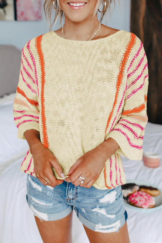 White Striped Detail Wide Sleeve Lightweight Knitted Sweater - L & M Kee, LLC