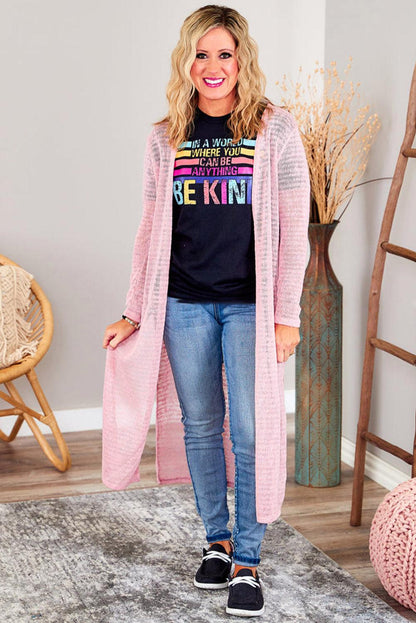 Pink Sheer Knitted Long Side Slit Plus Size Cardigan - L & M Kee, LLC