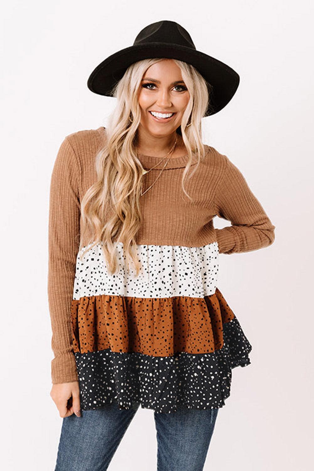 Brown Ribbed Long Sleeve Dotted Tiered Ruffled Flowy Top - L & M Kee, LLC