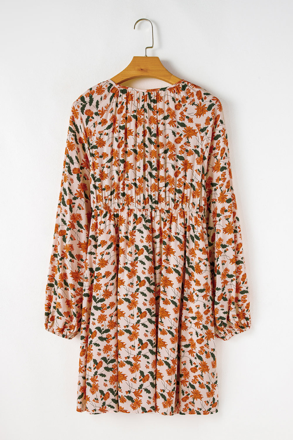 Black Floral Deep V Neck Smocked Bust Bubble Sleeve Babydoll Dress