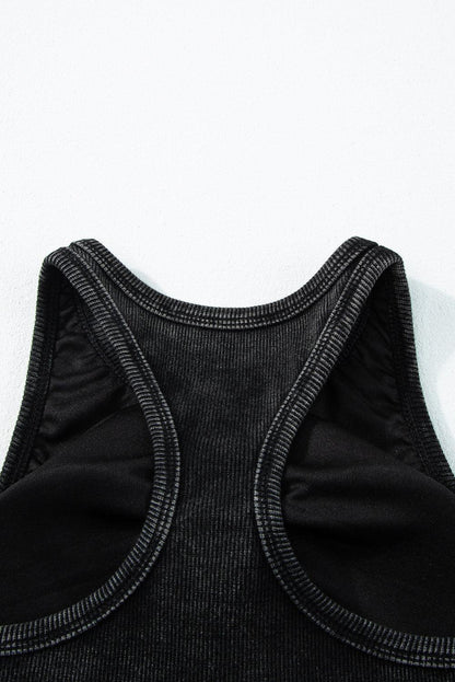 Black Ribbed Mineral Wash Racerback Cropped Tank Top - L & M Kee, LLC