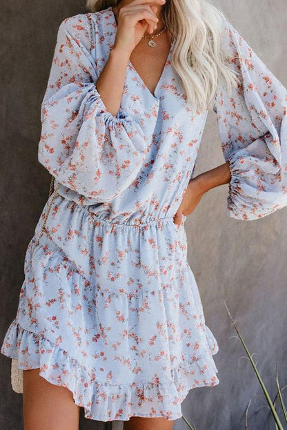 Blue V Neck Lantern Sleeves Floral Tunic Dress - L & M Kee, LLC