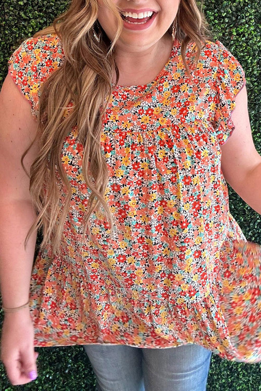 Multicolor Plus Size Boho Floral Print Ruffle Tiered Top - L & M Kee, LLC