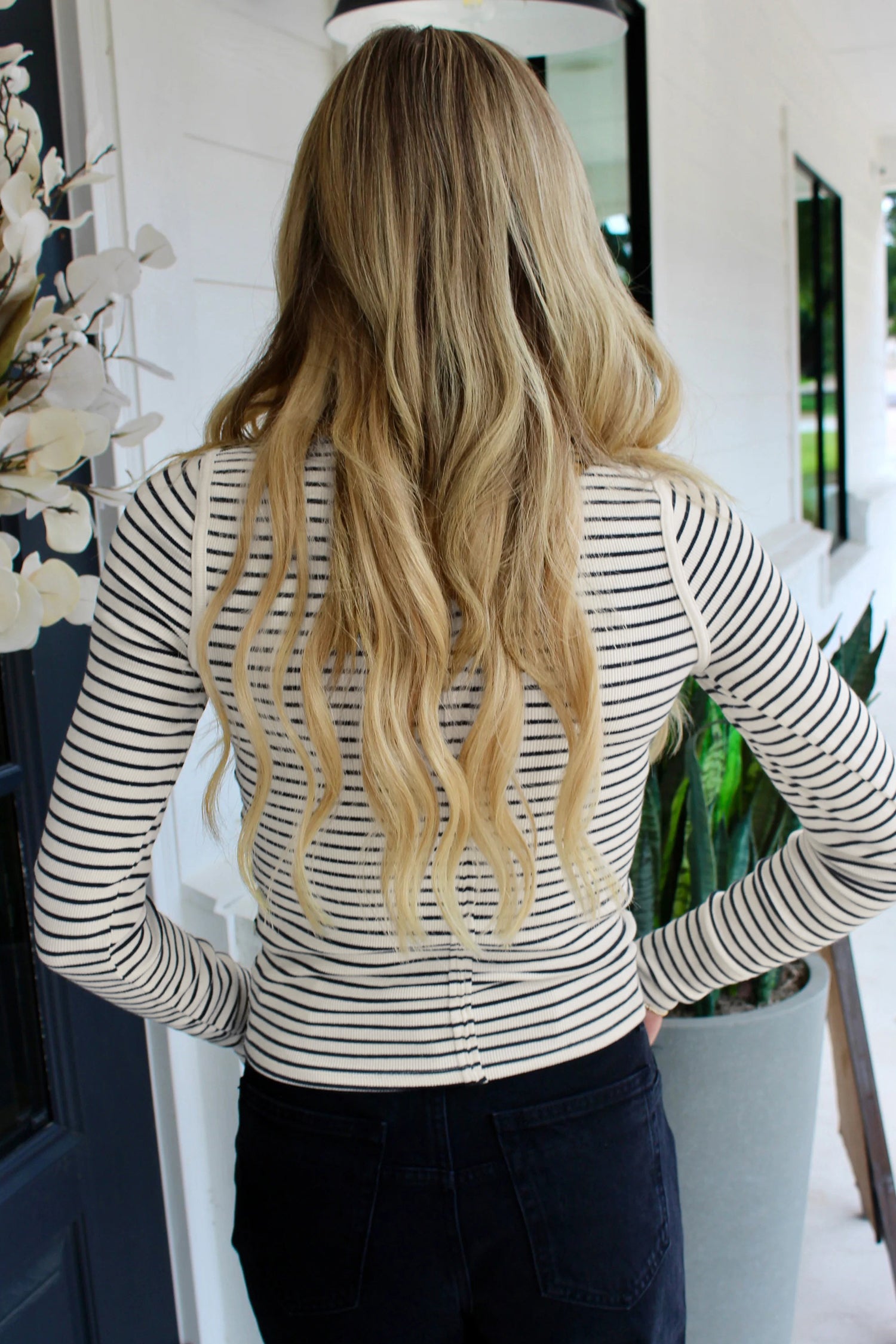 Black Stripe Ribbed Knit Half Button Long Sleeve Slim Top