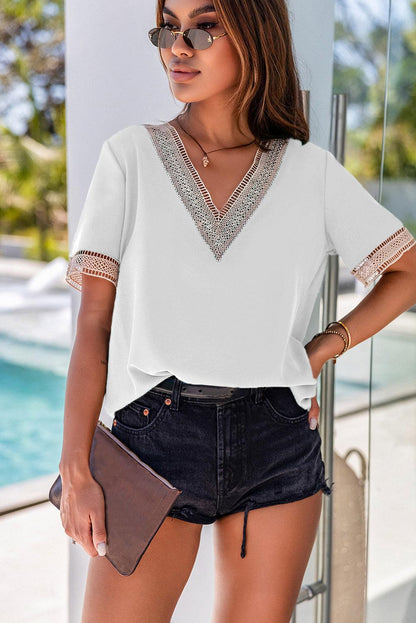 Lace Trim V Neck Short Sleeve Blouse - L & M Kee, LLC