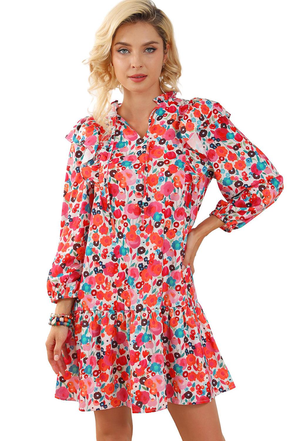 Multicolour Ruffle Split Neck Floral Long Sleeve Dress - L & M Kee, LLC