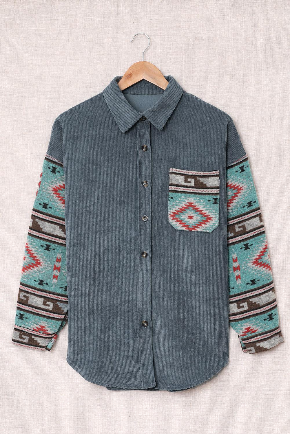 Aztec Pattern Sleeve Pocketed Corduroy Shacket - L & M Kee, LLC