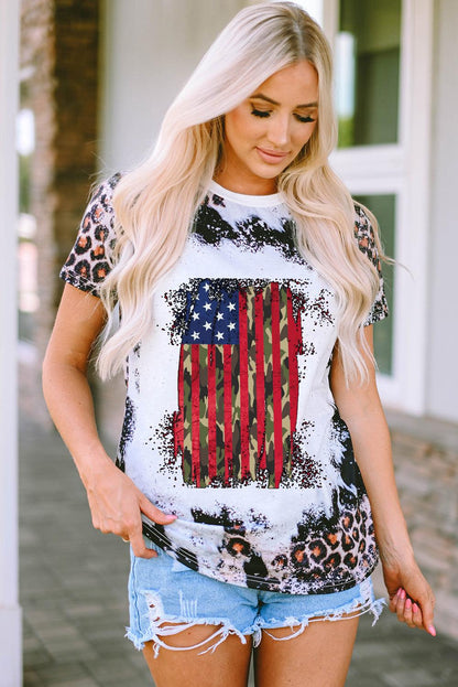 Leopard Vintage American Flag Graphic T Shirt - L & M Kee, LLC