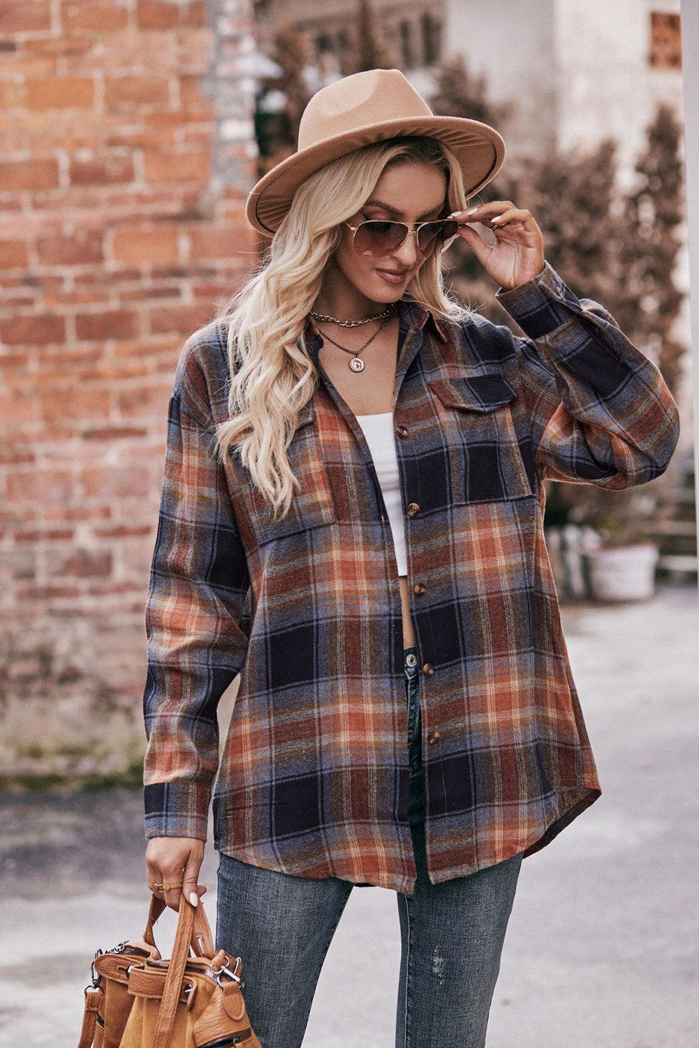 Multicolour Plaid Print Flap Pocket Shirt - L & M Kee, LLC