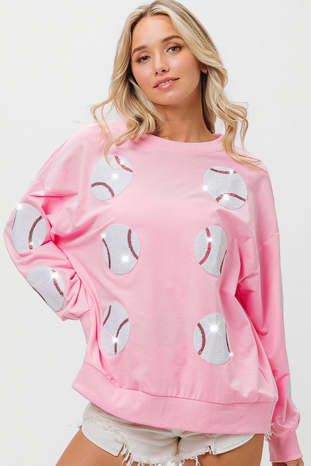 Pink Sequin Baseball Patched Pullover Sweatshirt - L & M Kee, LLC